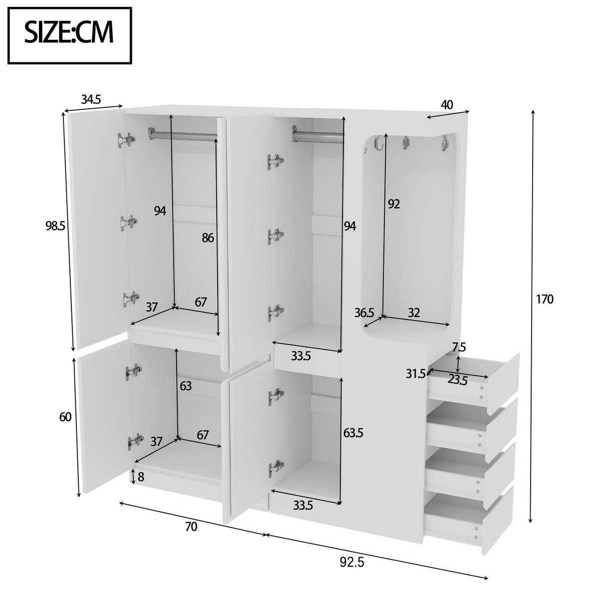 KLEIDERSCHRANK 140x40x170cm Schubladen Stauraum Weiß Rechts - Weiß, Holz (140/170/40cm) - FLIEKS