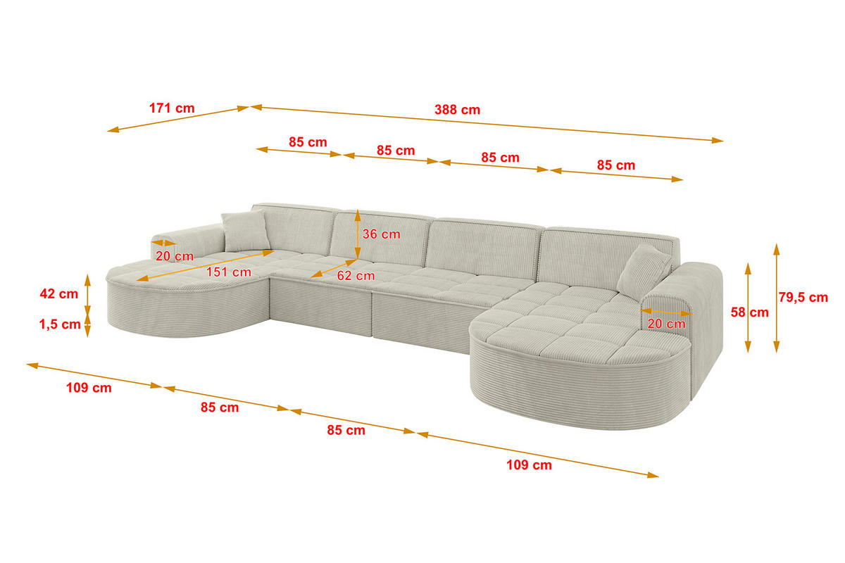 WOHNLANDSCHAFT TARO-U2 - 388x171x79,5 cm Creme - Hellgrau/Creme, Holzwerkstoff/Textil (388/79.5/171cm) - ALTDECOR