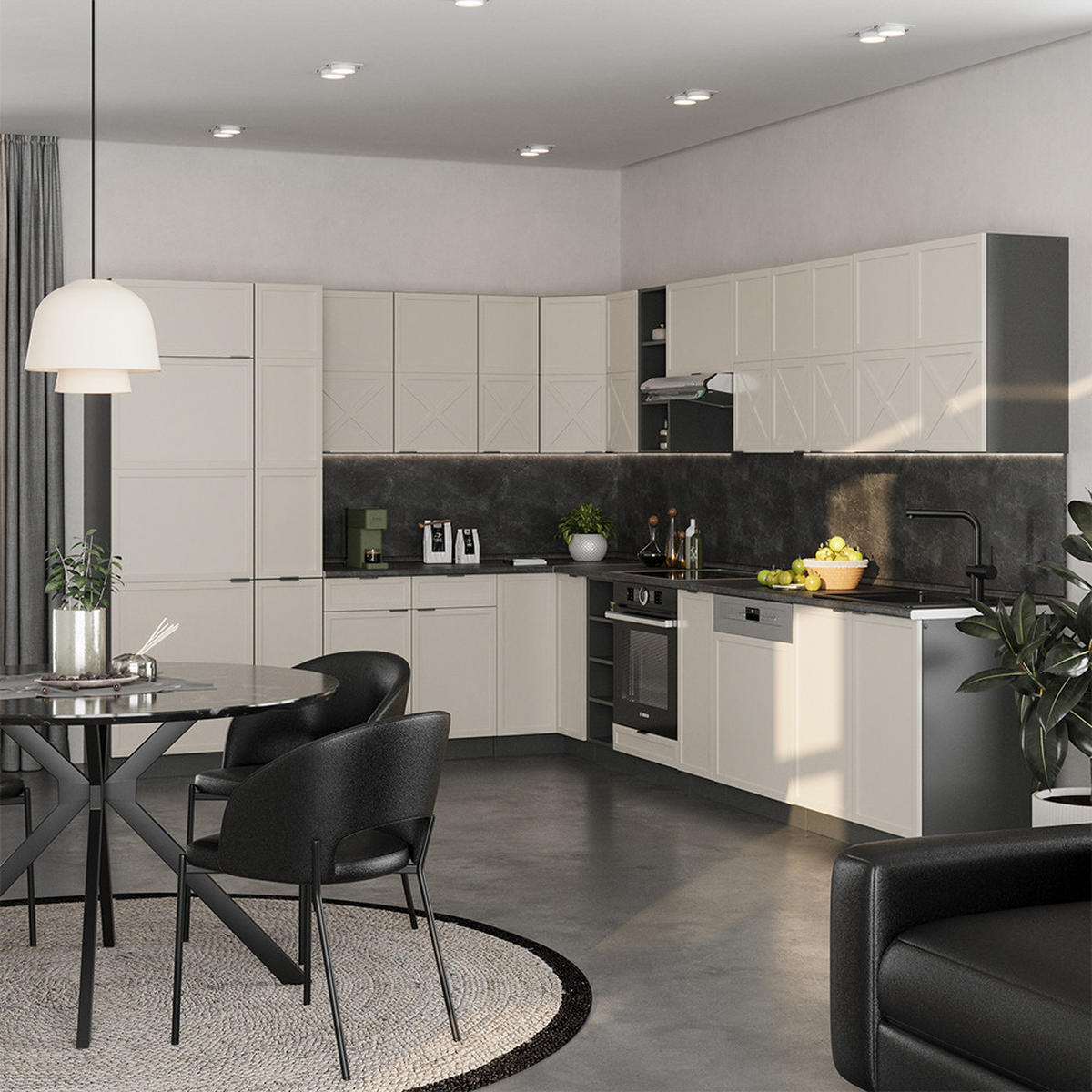 ECKKÜCHE Fame-Line GrauBeige/Anthrazit 347 x 257 cm, AP Marmor - Anthrazit/Grau, Holzwerkstoff (347/81.6/60cm) - Vicco