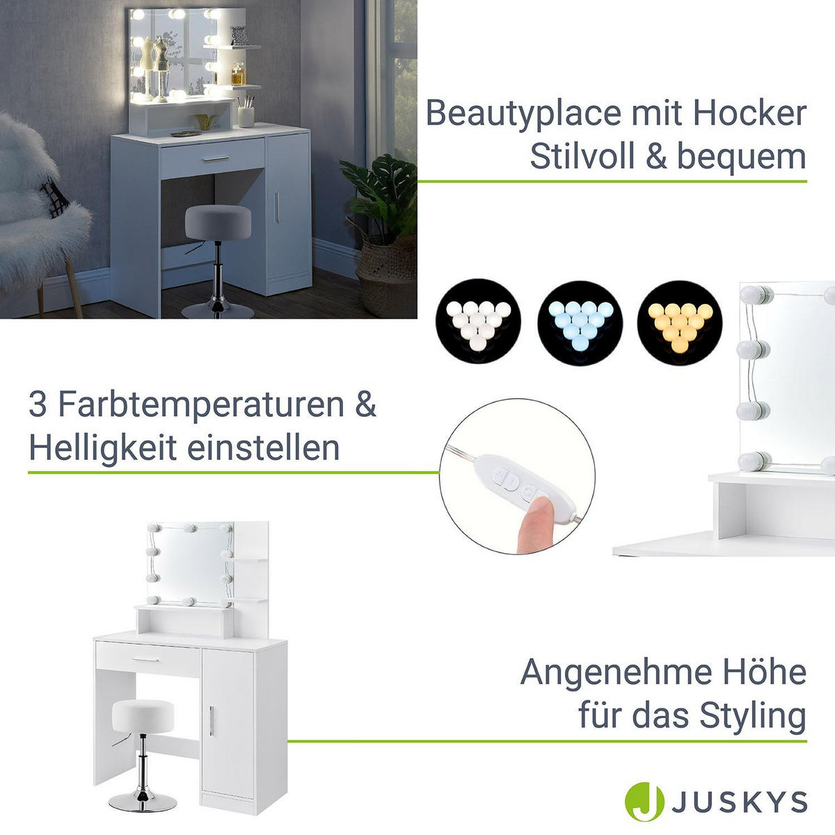 SCHMINKTISCH Zoey mit Schrank und Hocker Tonia - Weiß, Holz (38/137/90cm) - Juskys