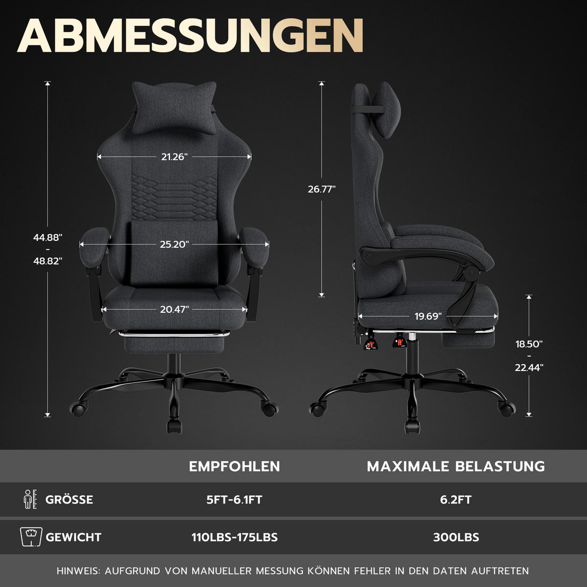 GAMING-STUHL ergonomisch Stoff Schwarz mit Fußstütze - Schwarz, Kunststoff (63/120.5/58.5cm) - Meubliv