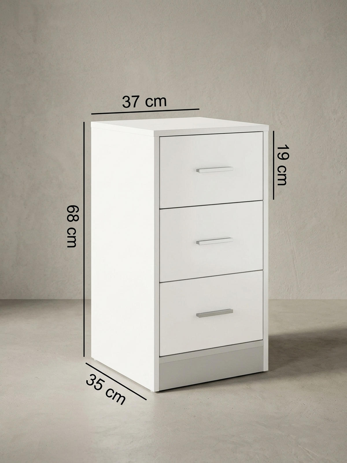 NACHTTISCH Holz 3 Schubladen Melaminbeschichtet Modern, Weiß 38x35x68 cm - Weiß, Holz/Kunststoff (38/68/35cm) - KADIMA DESIGN