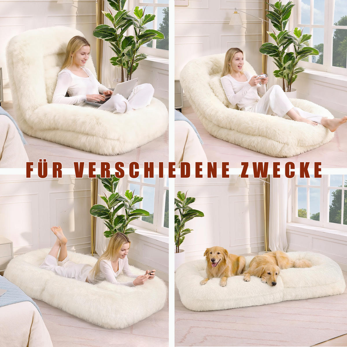 SITZSACK Plüsch Beige mit verstellbarer Rückenlehne - Beige, Holzwerkstoff/Textil (89/42/175cm) - WISHDOR