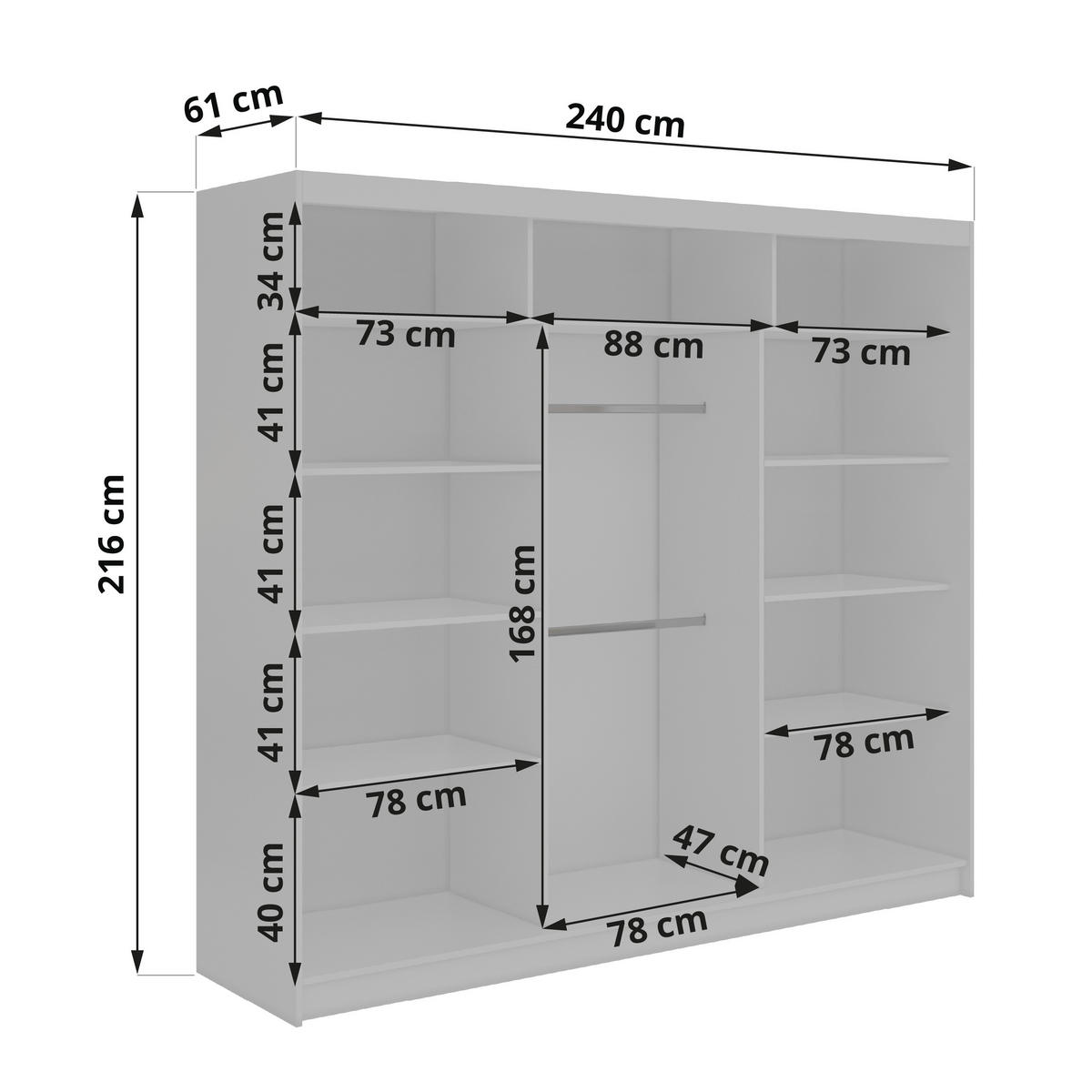 SCHWEBETÜRENSCHRANK 240 - DUBROWNIK - Kaschmir mit Spiegel - Kaschmir/Alufarben, Holzwerkstoff/Metall (240/216/61cm) - MKS