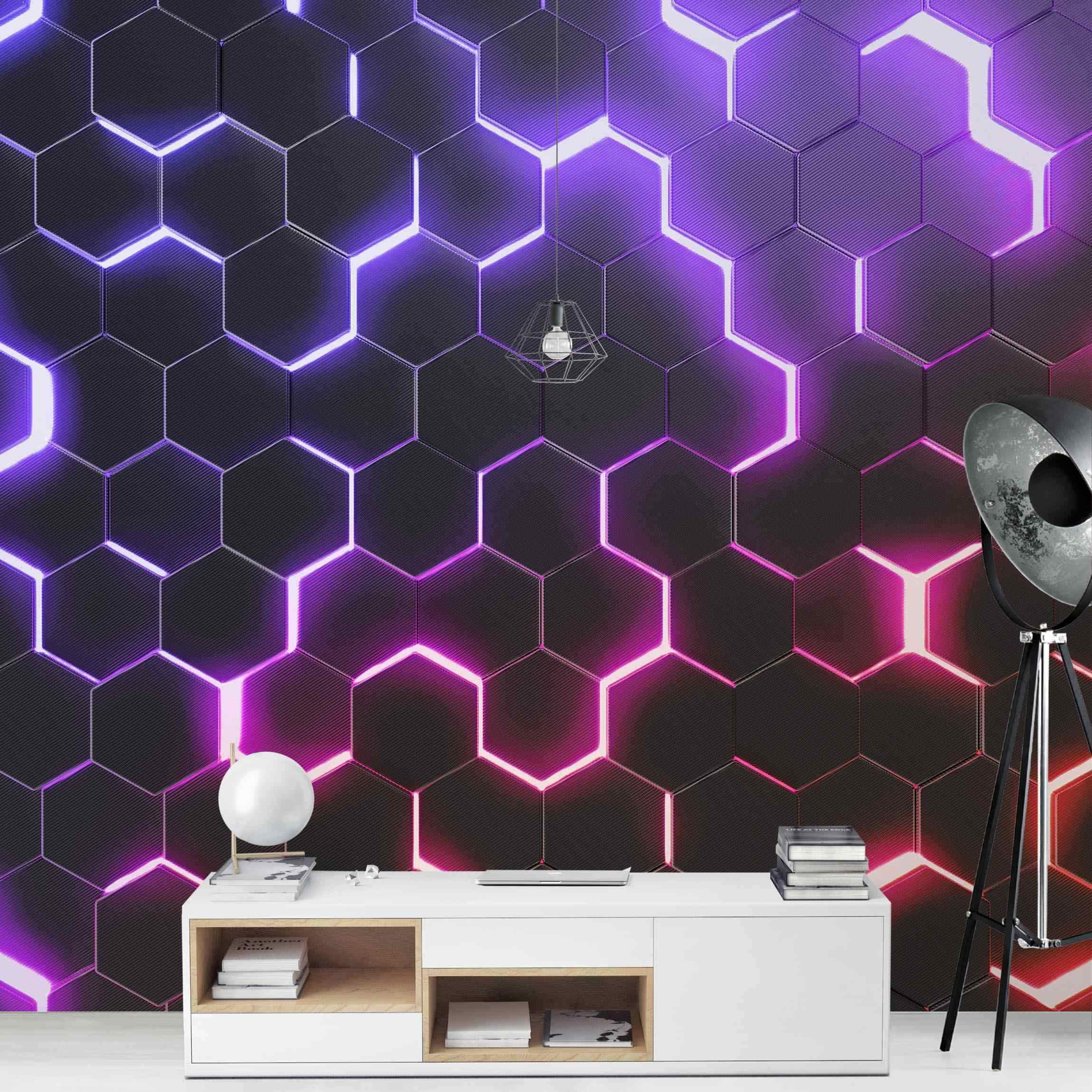 FOTOTAPETE Strukturierte Hexagone mit Neonlicht in Rosa und Lila 288/288 cm - Schwarz, Papier (288/288cm) - Bilderwelten