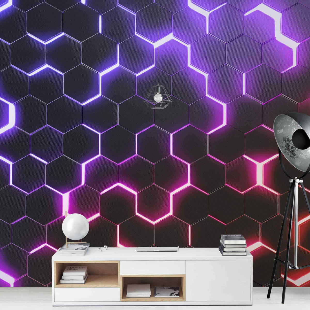 FOTOTAPETE Strukturierte Hexagone mit Neonlicht in Rosa und Lila 240/240 cm - Schwarz, Papier (240/240cm) - Bilderwelten