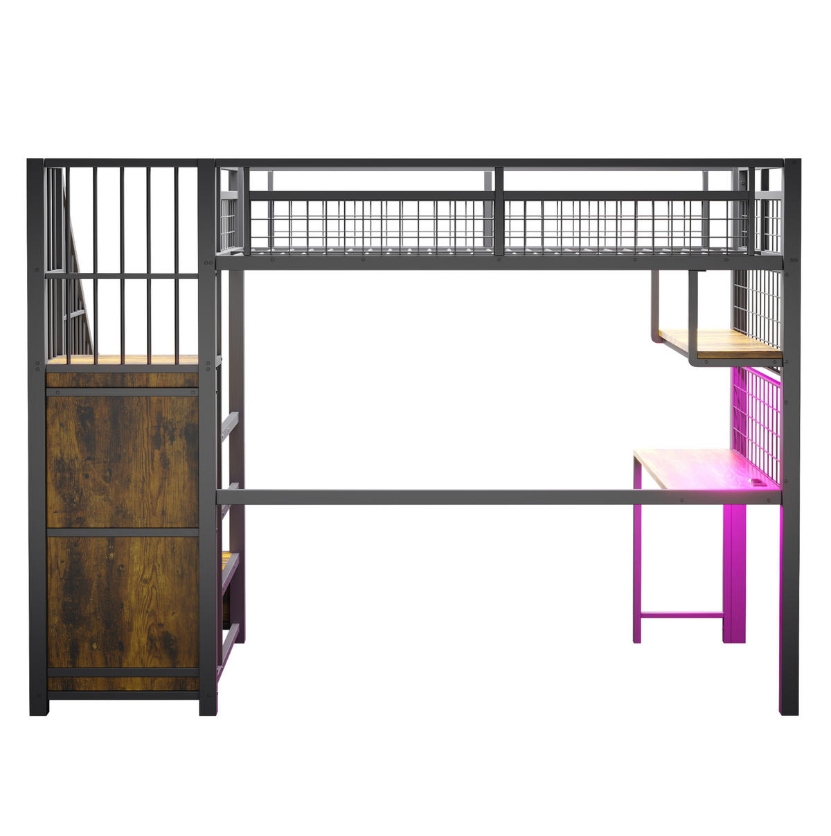 HOCHBETT aus Metall 90x200 cm Schwarz mit Schreibtisch, Lichtleiste, Steckdosen, Stauraumtreppe und Kleiderschrank - Schwarz, Metall (90/190cm) - Modfu