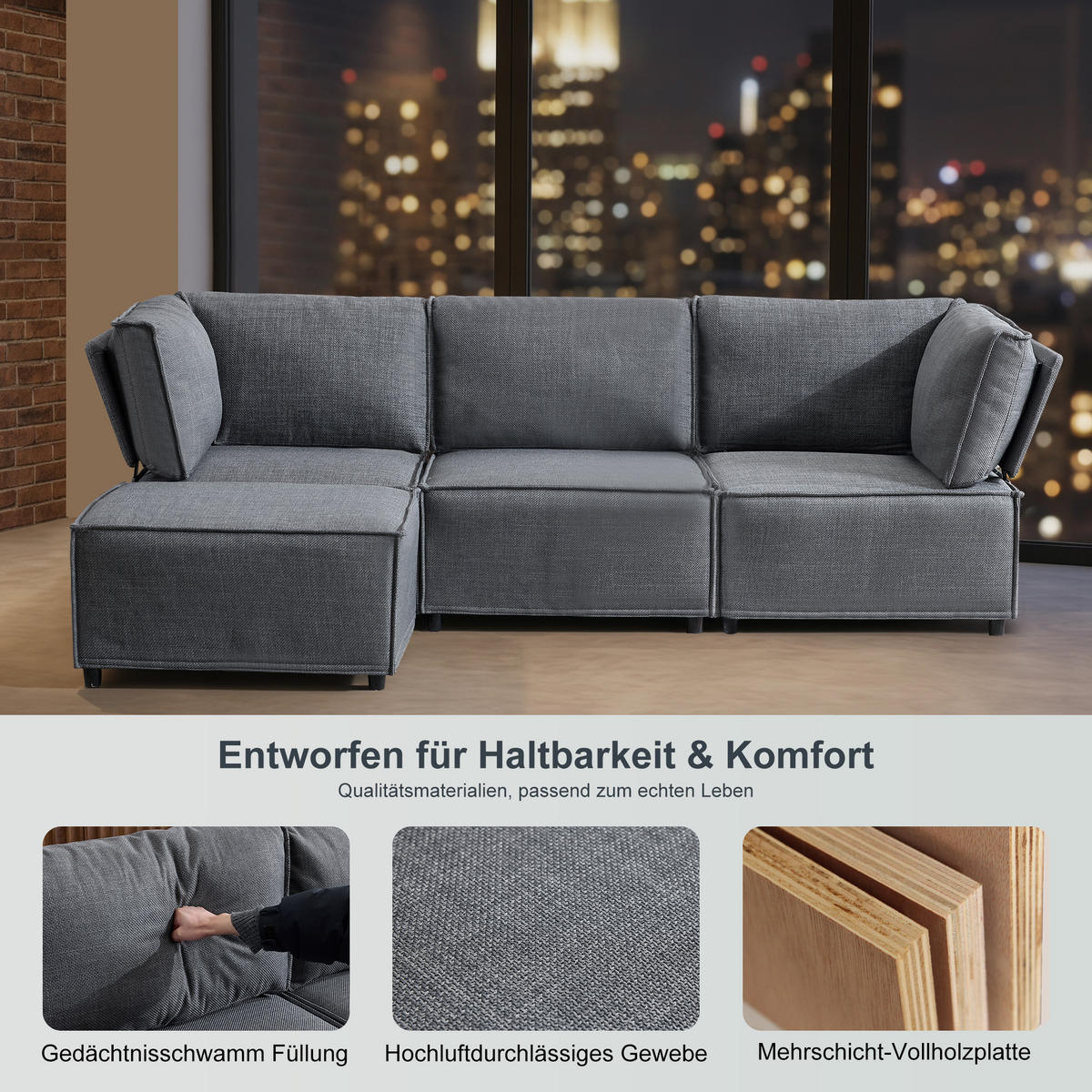 ECKSOFA DE-35021 modular Dunkelgrau - Dunkelgrau, Holzwerkstoff (154/238cm) - ComfortXL