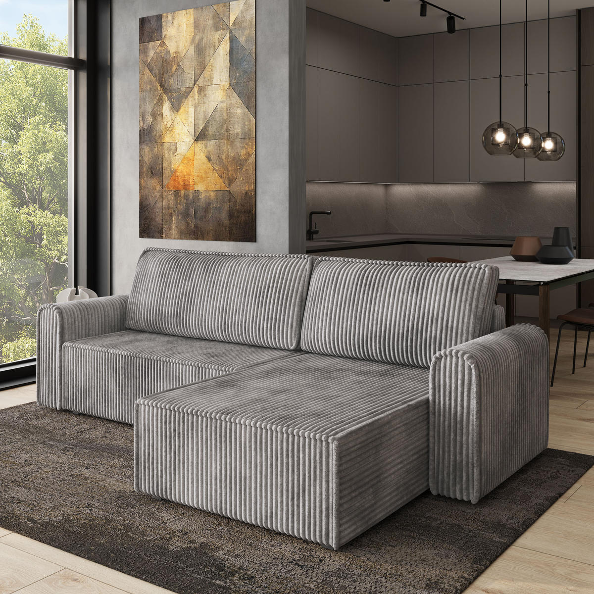 ECKSOFA VALTINO Hellgrau Kordstoff mit Schlaffunktion - Hellgrau, Holz (275/148cm) - MASSENO