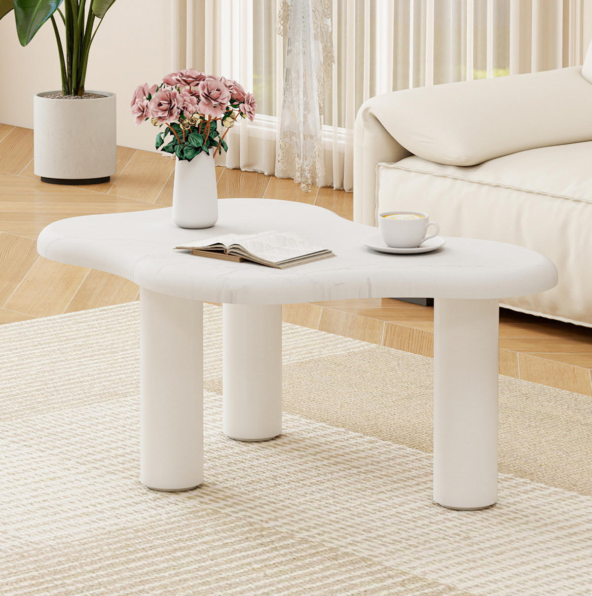 COUCHTISCH aus Spanplatte in Weiß & Marmoroptik mit abgerundeten Kanten - Weiß, Holzwerkstoff (90/62.5/40cm) - Modfu