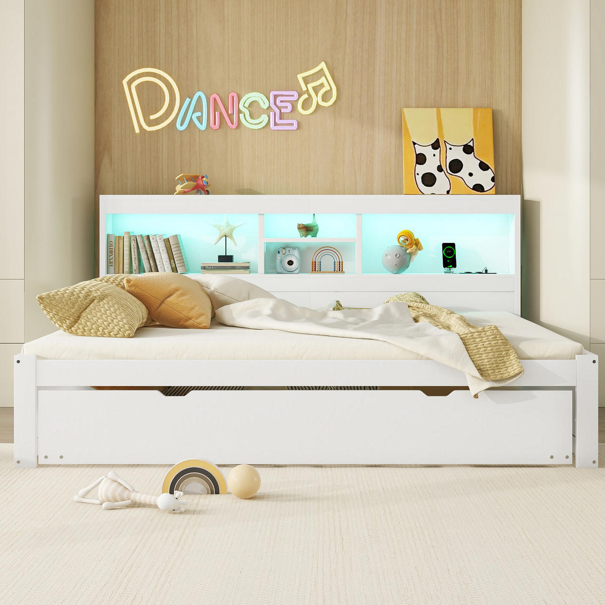 SCHLAFSOFA 140x200cm Weiß LED-Licht Bettseite Staufach Ausziehbett USB - Weiß, Holz (140/200cm) - FLIEKS