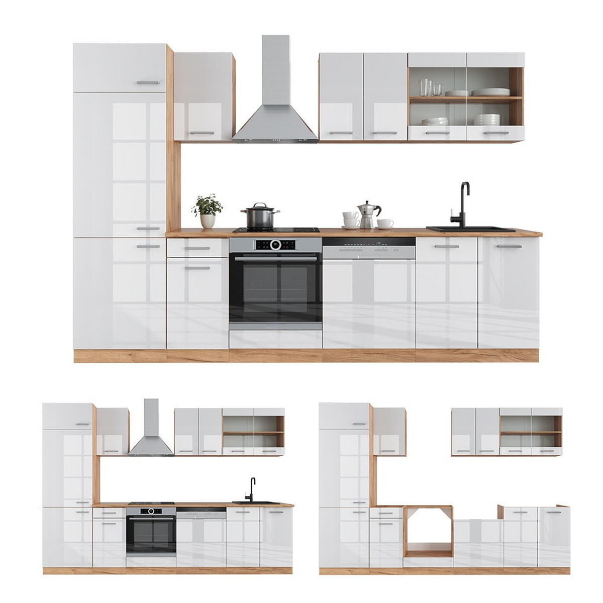PENTRY R-Line Vit högblank/Goldkraft ek 300 cm utan bänkskiva - Honungsek/Vit högglans, Träbaserade material (300/206.8/46cm) - Vicco