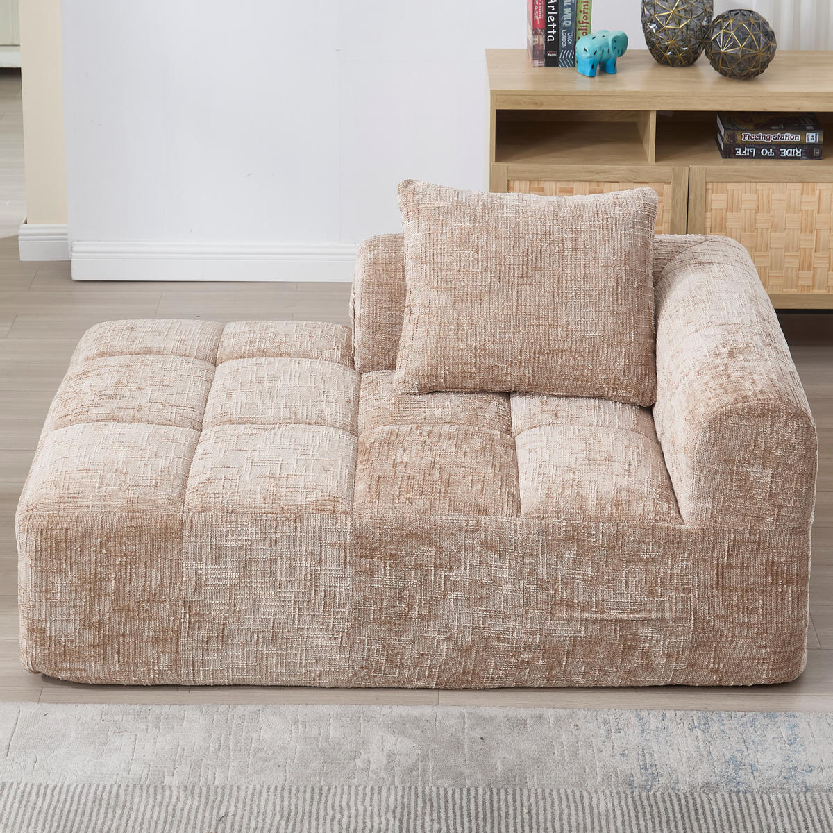 RÉCAMIERE Chenille Khaki mit Kissen und Stauraum - Hellbraun, Textil (158/60/90cm) - WISHDOR