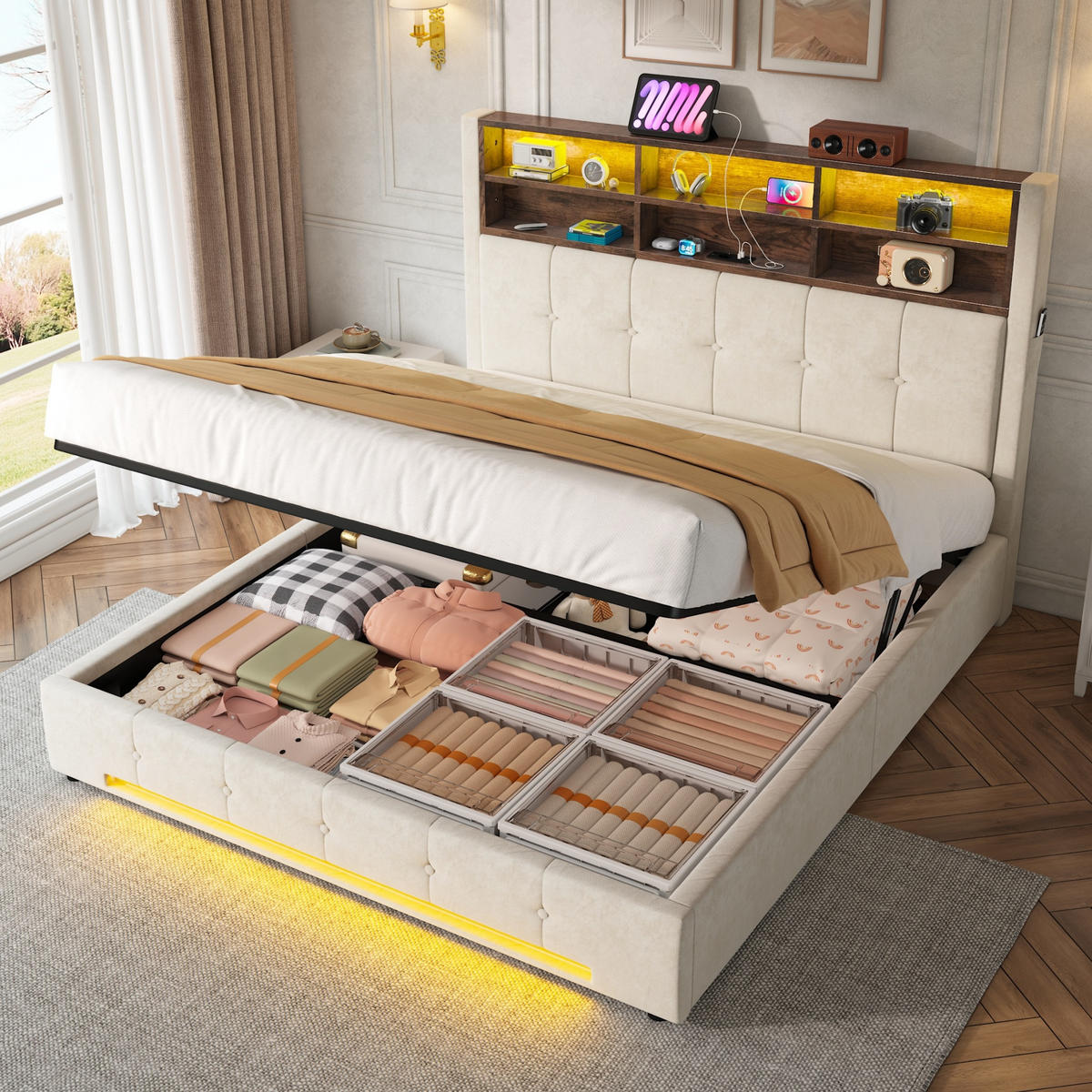 POLSTERBETT Doppelbett 160x200 cm mit Hydraulischen Stauraum, LED und USB-C, Beige - Beige, Holz/Holzwerkstoff (160/200cm) - LVHOM