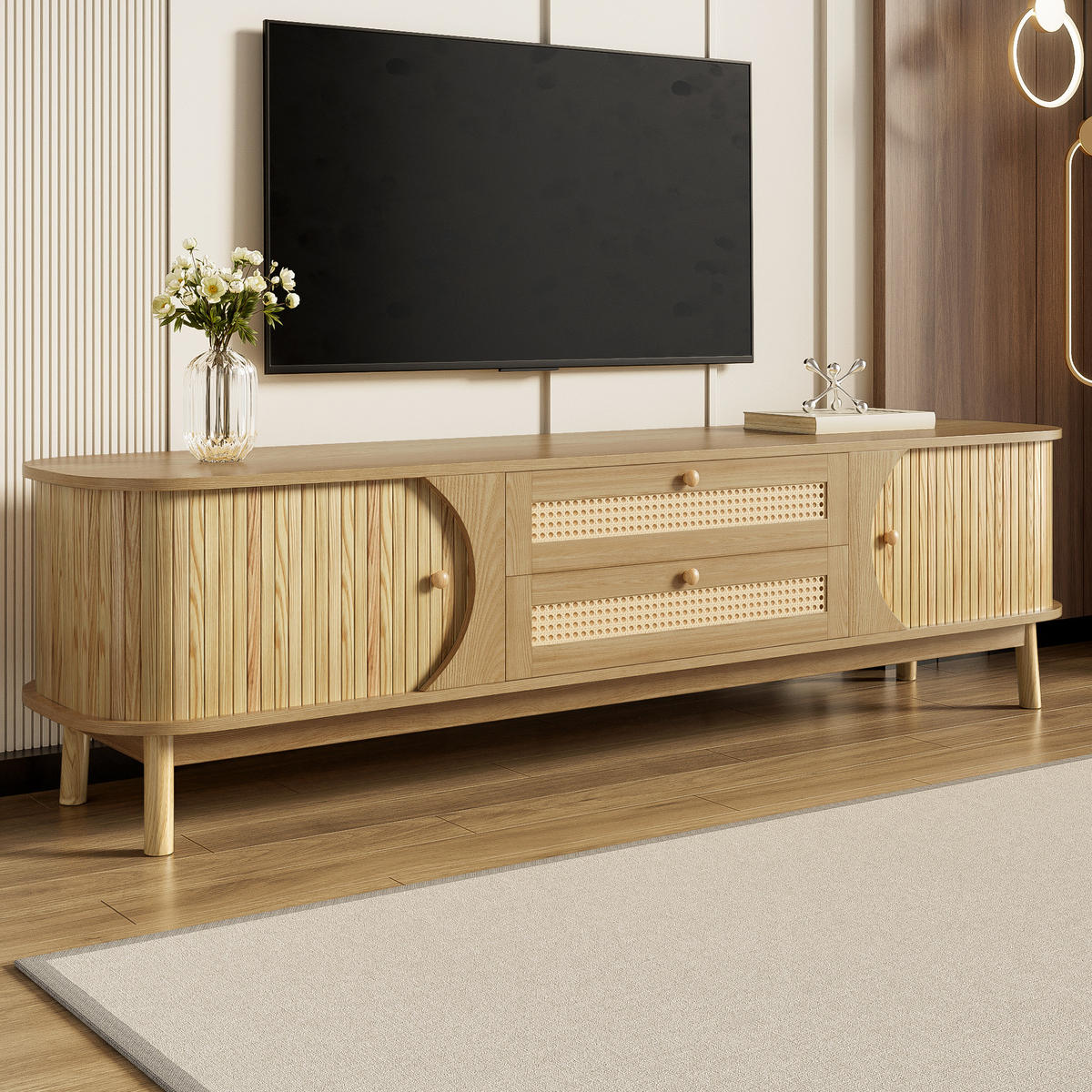 LOWBOARD 170/39,5/46 cm aus Holzwerkstoff und Massivholz mit Rattanfronten Natur - Eichefarben, Holzwerkstoff (170/46/39.5cm) - Modenvie