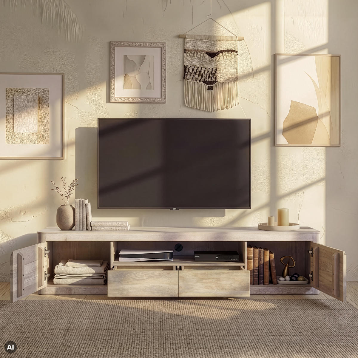TV-BOARD Mango 200x45x50 weiß lackiert TORONTO #351 - Weiß, Holz (200/50/45cm) - Massivmoebel24