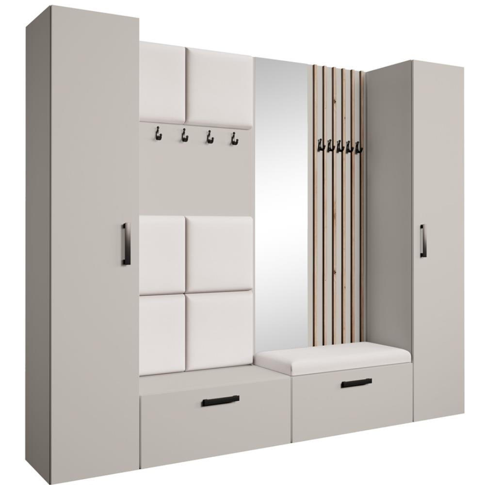 Beautysofa PŘEDSÍŇOVÁ sestava Margaret XL 242/203/43 s čalouněnými panely / lamelami / zrcadlem, kašmírová|dub artisan