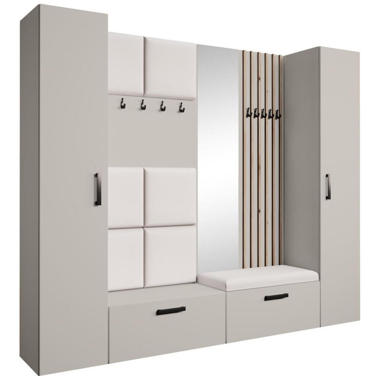 GARDEROBE Margaret XL 242/203/43 mit gepolsterten Paneelen/Lamellen/Spiegel - Kaschmir/Beige, Holzwerkstoff/Kunststoff (242/203/43cm) - Beautysofa