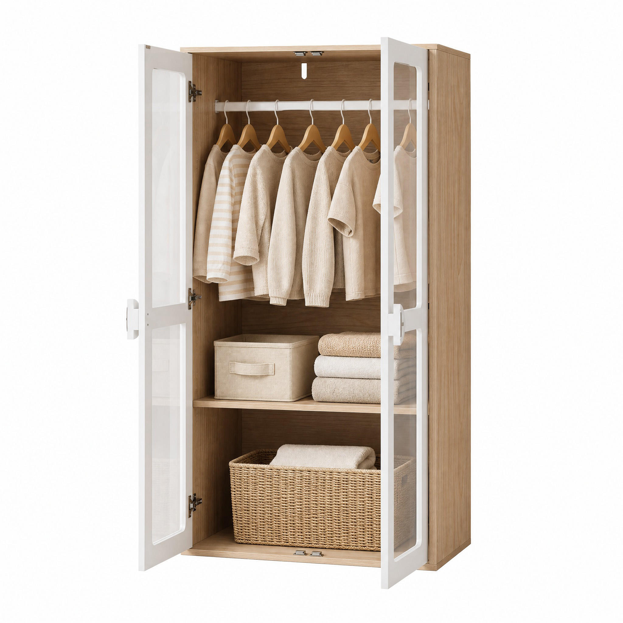 KINDERKLEIDERSCHRANK 2-TEILIG in Weiß und Naturfarben mit Bügelstange für Schlafzimmer, B160/T50/H150 cm - Transparent/Weiß, Holzwerkstoff/Kunststoff (80/150/50cm) - STILVORA