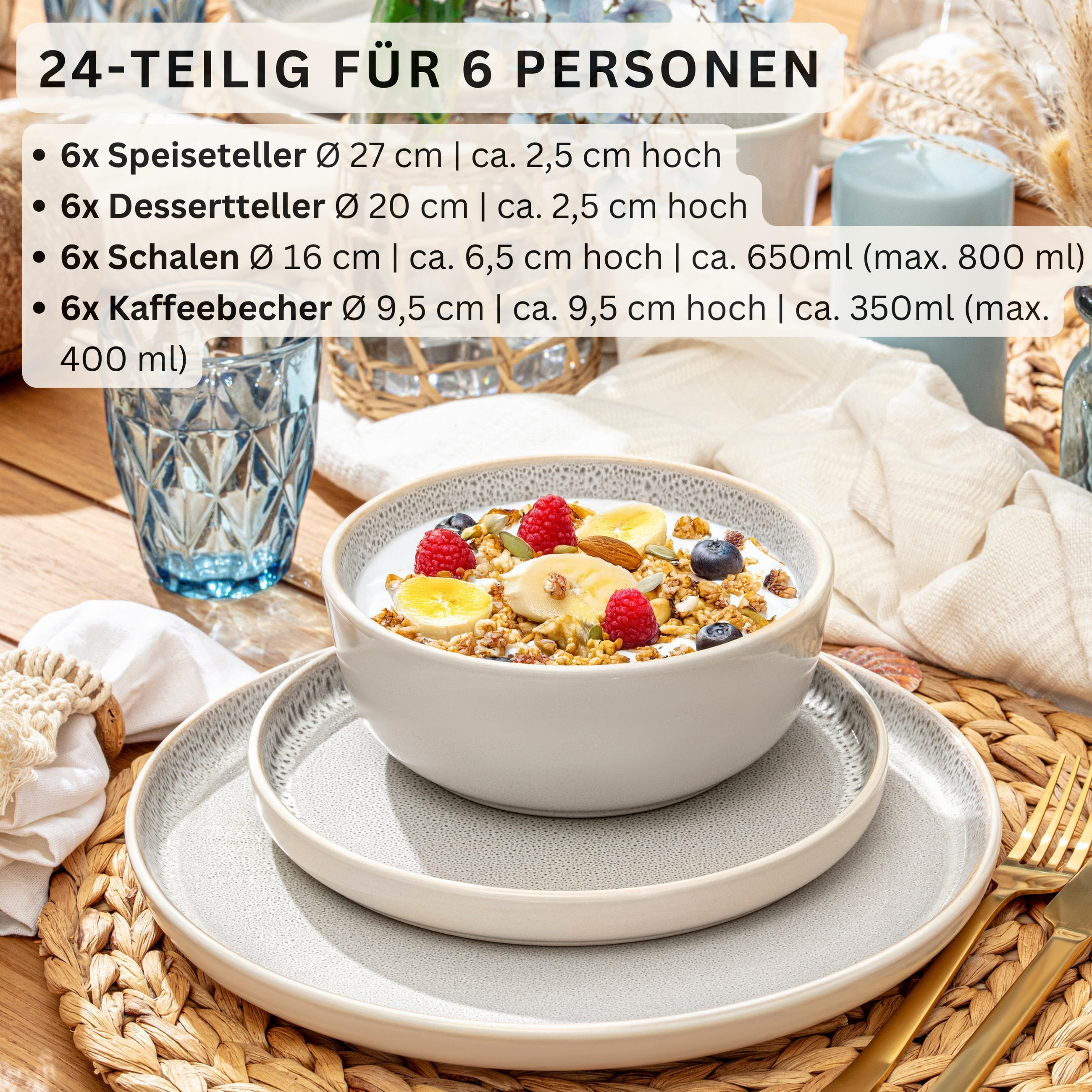 KOMBISERVICE KRETA - 24 teilig aus Steingut - Creme, Stein (50/30/80cm) - Sänger