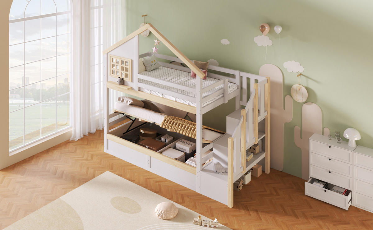 ETAGENBETT 90/200 cm mit hydraulischem Stauraum, Hausdesign und Bettgitter, Weiß/Natur - Weiß, Holz (90/200cm) - Redom