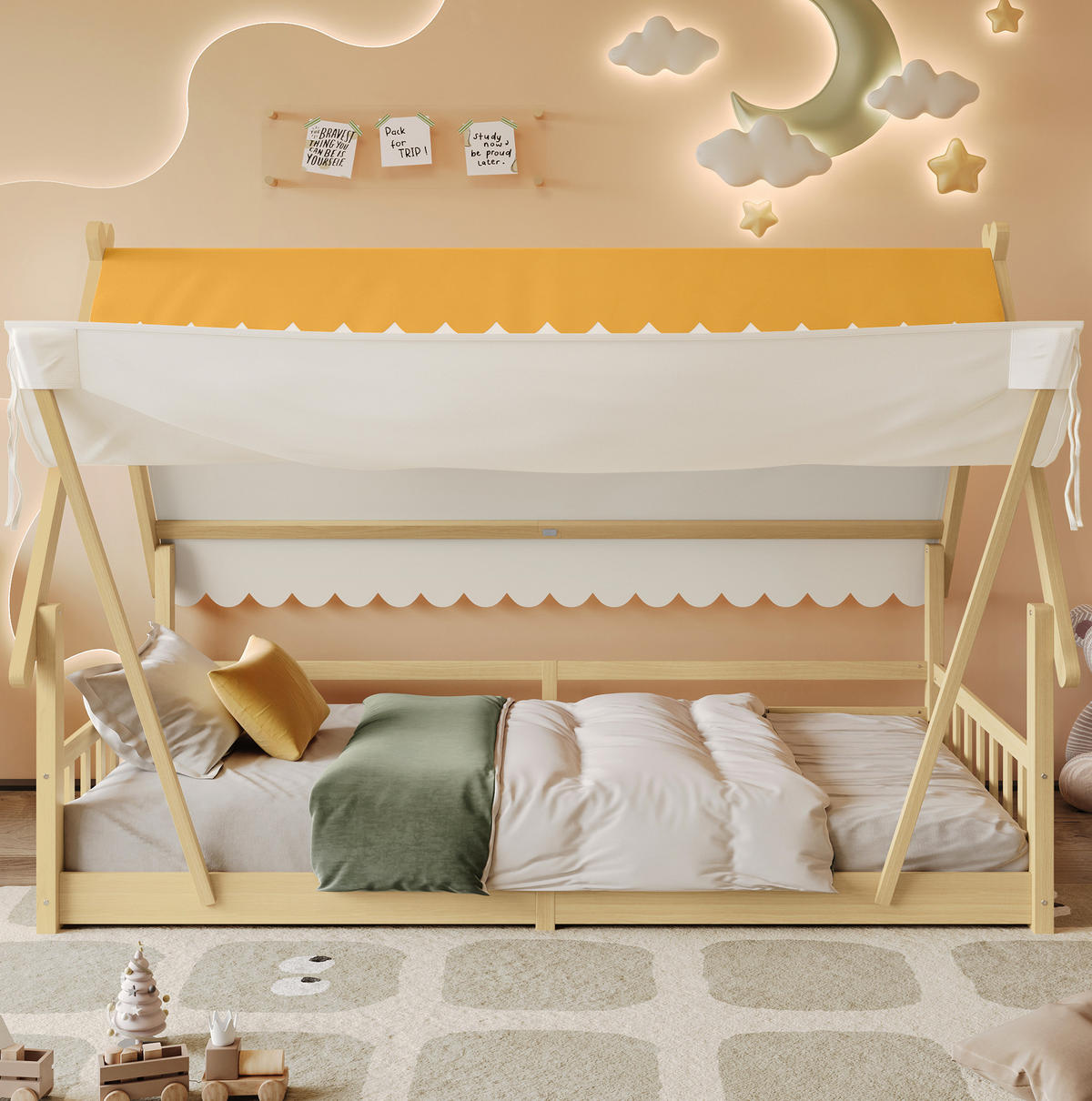 KINDERBETT 90/200 cm Exquisites Holzhausdesign mit abnehmbarem Zelt aus Fichte - Weiß, Holz (90/200cm) - OKWISH