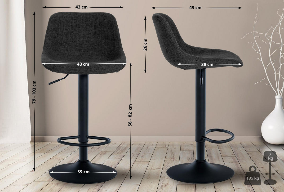 BARHOCKER Loft 79-103 cm Schwarz - Schwarz, Metall (43/79/49cm) - furnicato
