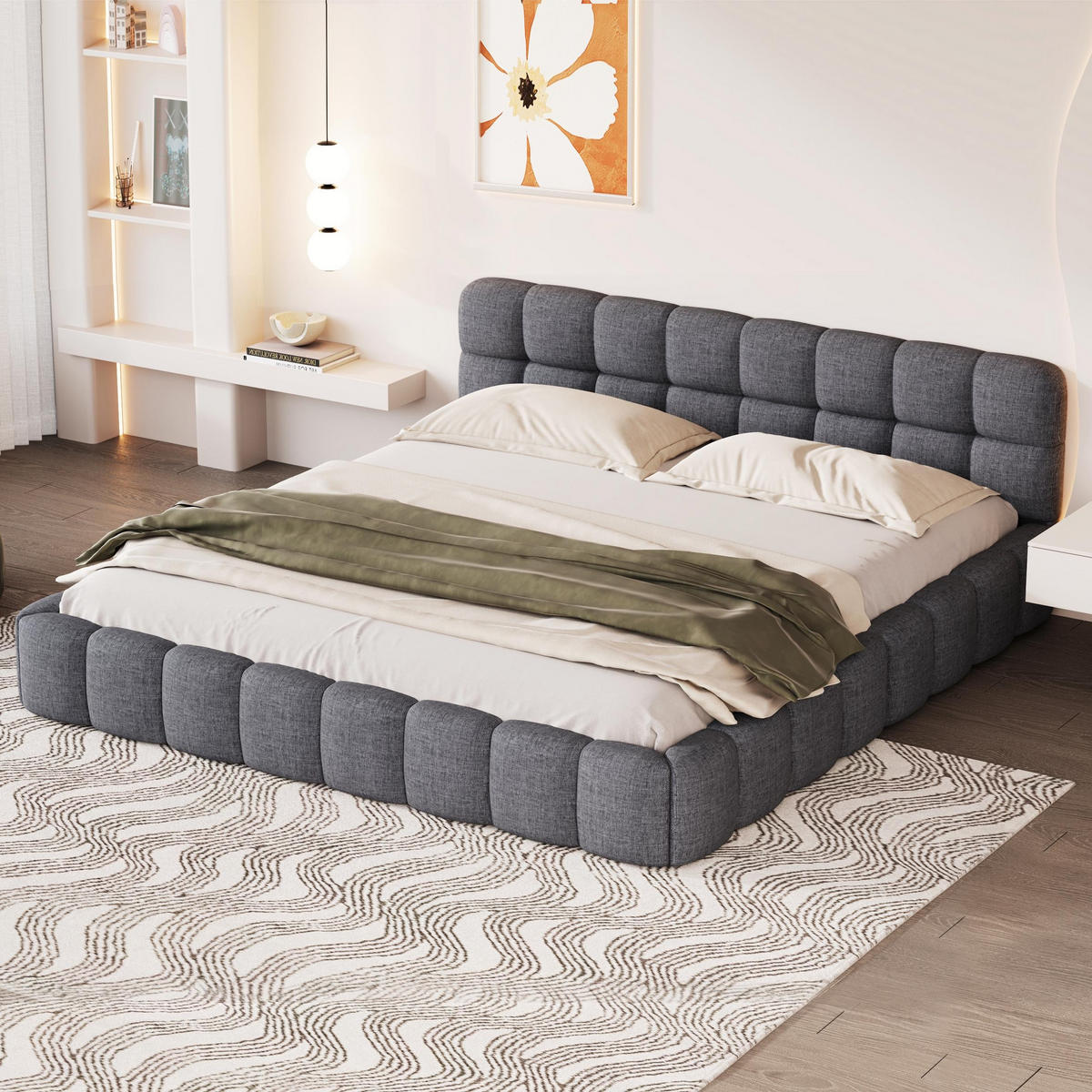 POLSTERBETT 140x190 cm Fleur Cloud mit Blumenrand-Design und weicher Rückenlehne, Leinen-Optik Grau - Grau, Textil (140/190cm) - DELFA