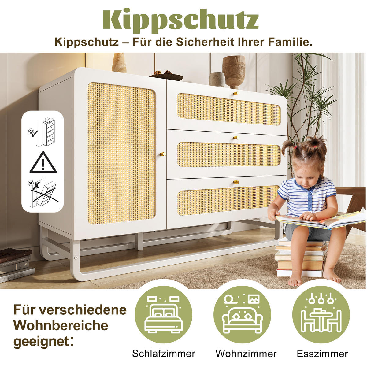 KOMMODE in Weiß Rattan-Sideboard mit Schubladen und Goldgriffen für Wohnzimmer, B120/T40/H85 cm - Weiß/Naturfarben, Holzwerkstoff/Metall (120/85/40cm) - STILVORA