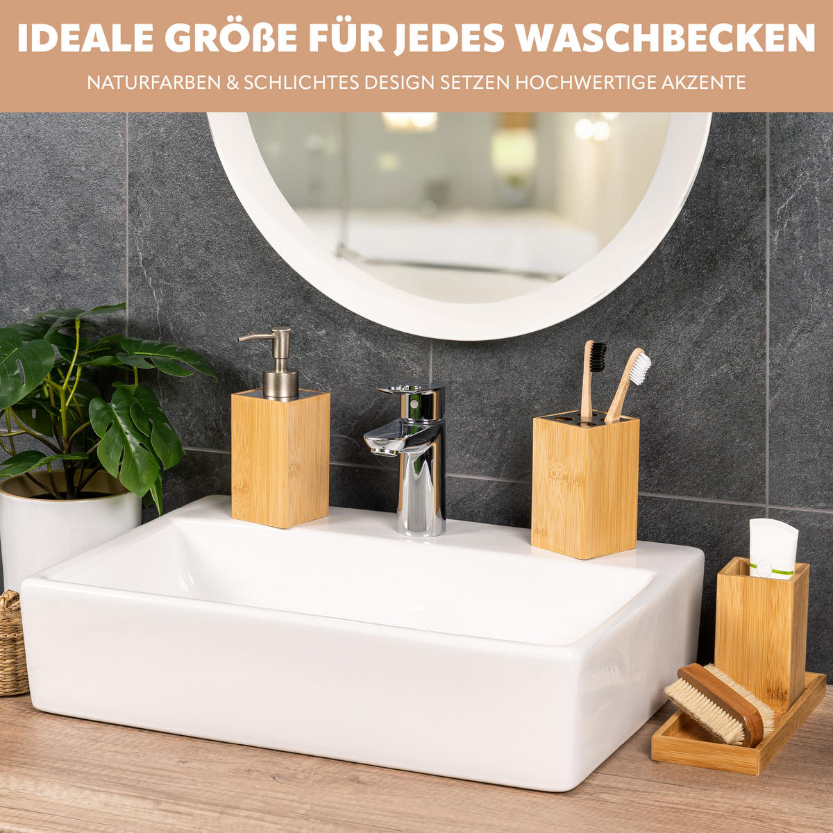 BADEZIMMER 4er-Set, Bambus - Braun, Holz (7/18/8cm) - bremermann