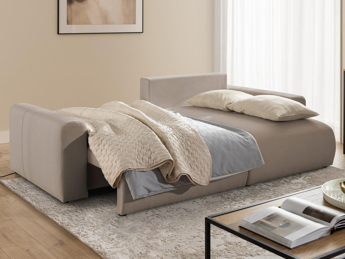 ECKSOFA Calma mit Schlaffunktion und Bettkasten im Bumpy-Design aus weichem Greige Webstoff - Ottomane rechts - Greige/Schwarz, Holz/Kunststoff (140/239cm) - S-Style