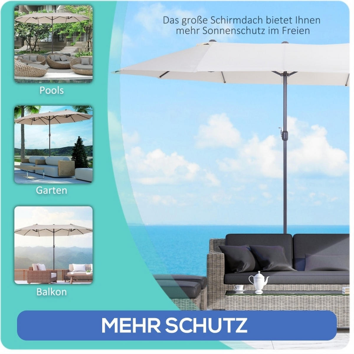 DOPPELSONNENSCHIRM aus Polyester & Metall 451x264x264 cm in Beige mit Kurbel - Beige, Metall (264/264cm) - Modfu