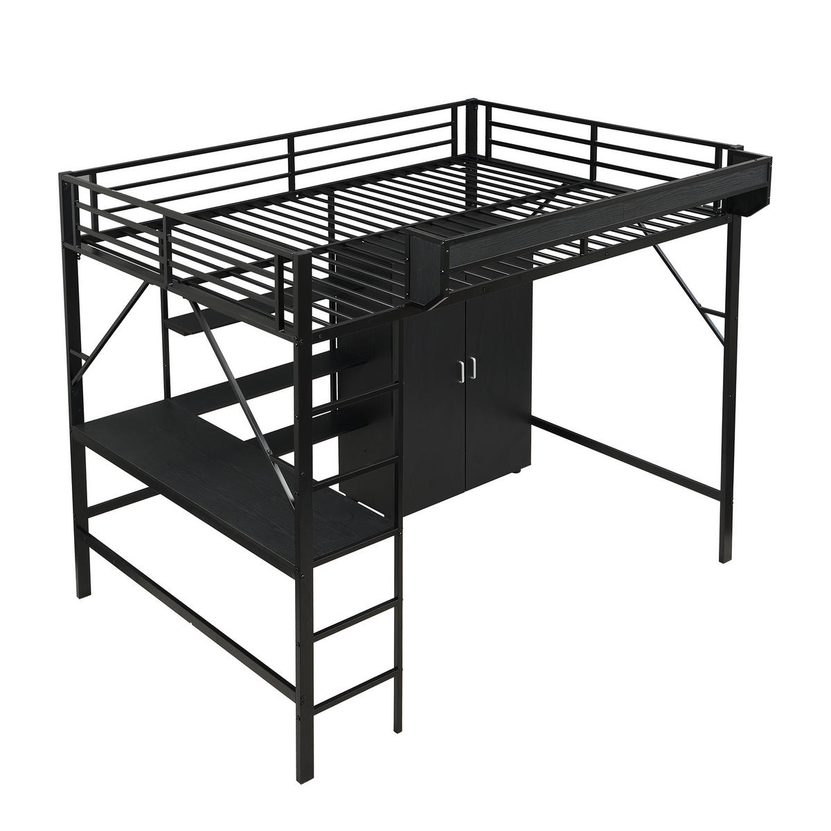 HOCHBETT 140/200 cm schwarz aus Metall und MDF mit Schreibtisch und Kleiderschrank - Schwarz, Holzwerkstoff (140/200cm) - OKWISH