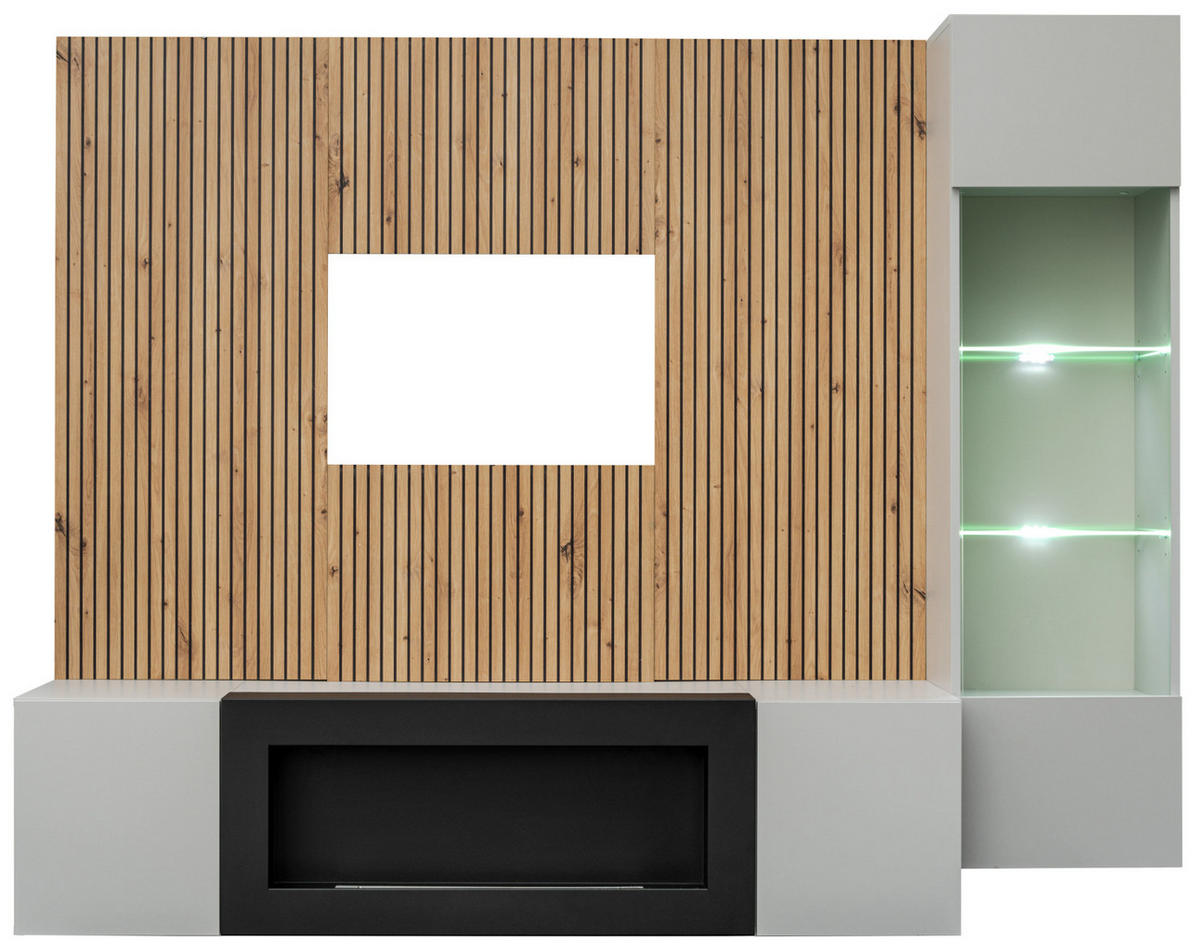 WOHNWAND hellgrau, schwarz, Eiche Artisan 200 cm, Schrankwand inklusive Ethanol Kamin und Beleuchtung - Hellgrau/Schwarz, Glas/Holzwerkstoff (200/148/35cm) - Inn.Furn
