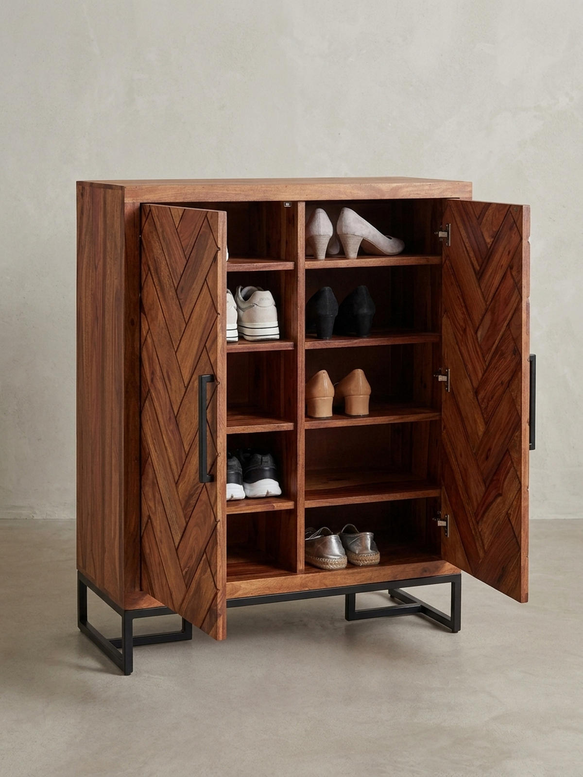 SCHUHSCHRANK – Massivholz, 100x105x40 cm, Fischgrätmuster, große Ablage - Schwarz/Braun, Holz/Metall (100/105/40cm) - KADIMA DESIGN