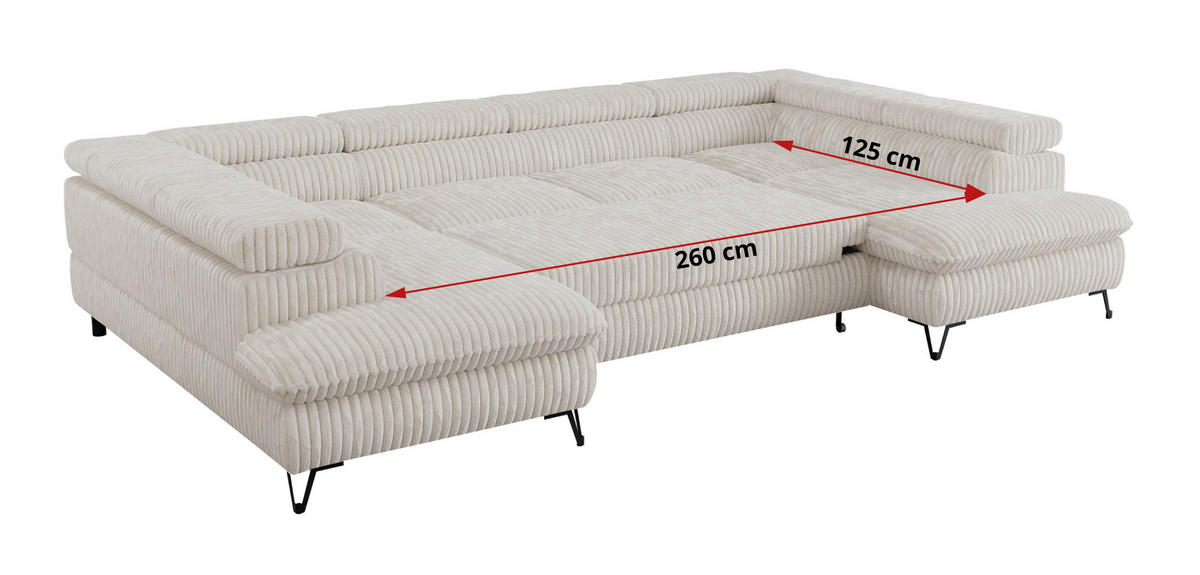 WOHNLANDSCHAFT PETER U Cord Creme - Creme/Schwarz, Textil/Metall (346/76/208cm) - MKS