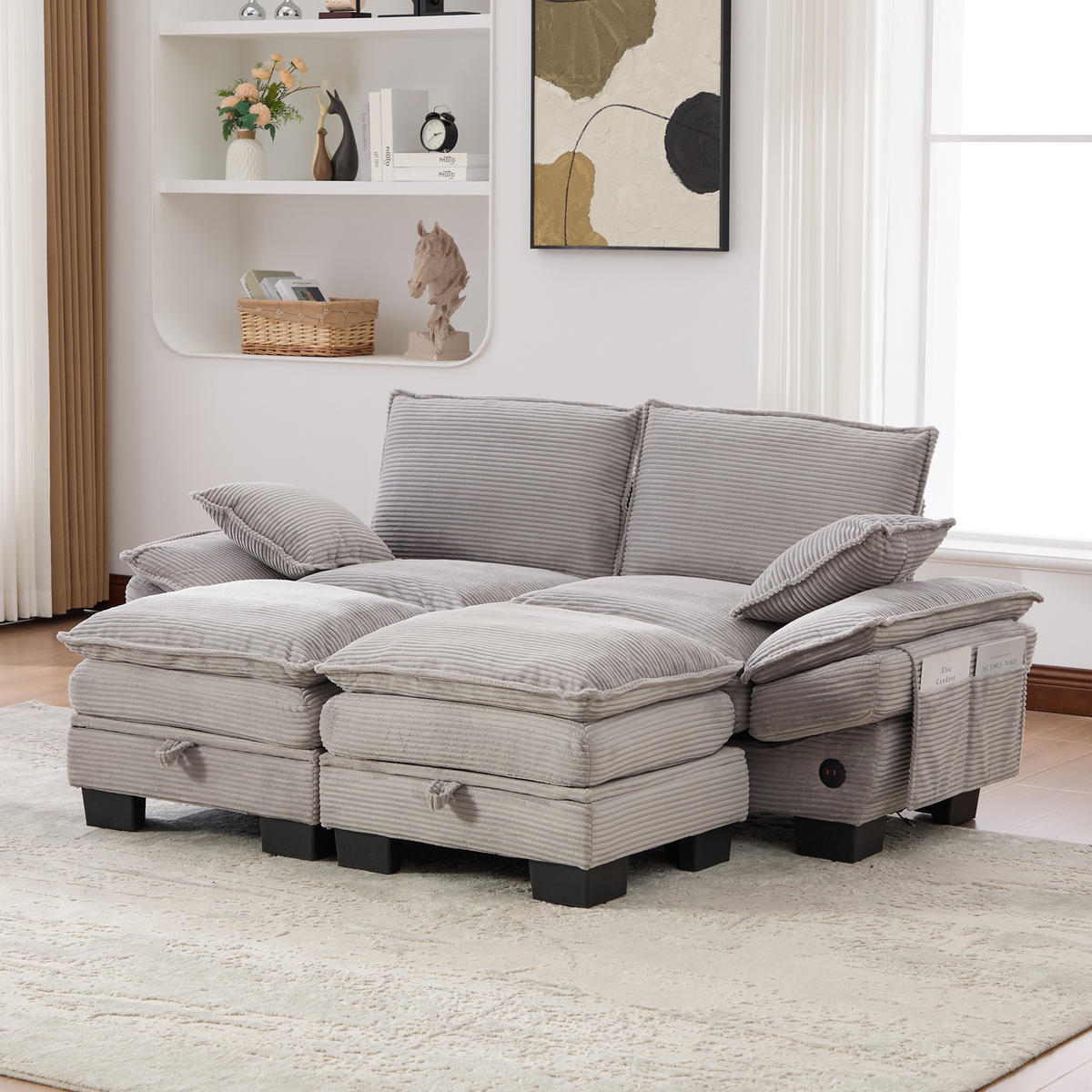 2-SITZER SOFA Cord Hellgrau mit Hocker und USB-C - Hellgrau, Holzwerkstoff/Kunststoff (190/84/132cm) - WISHDOR