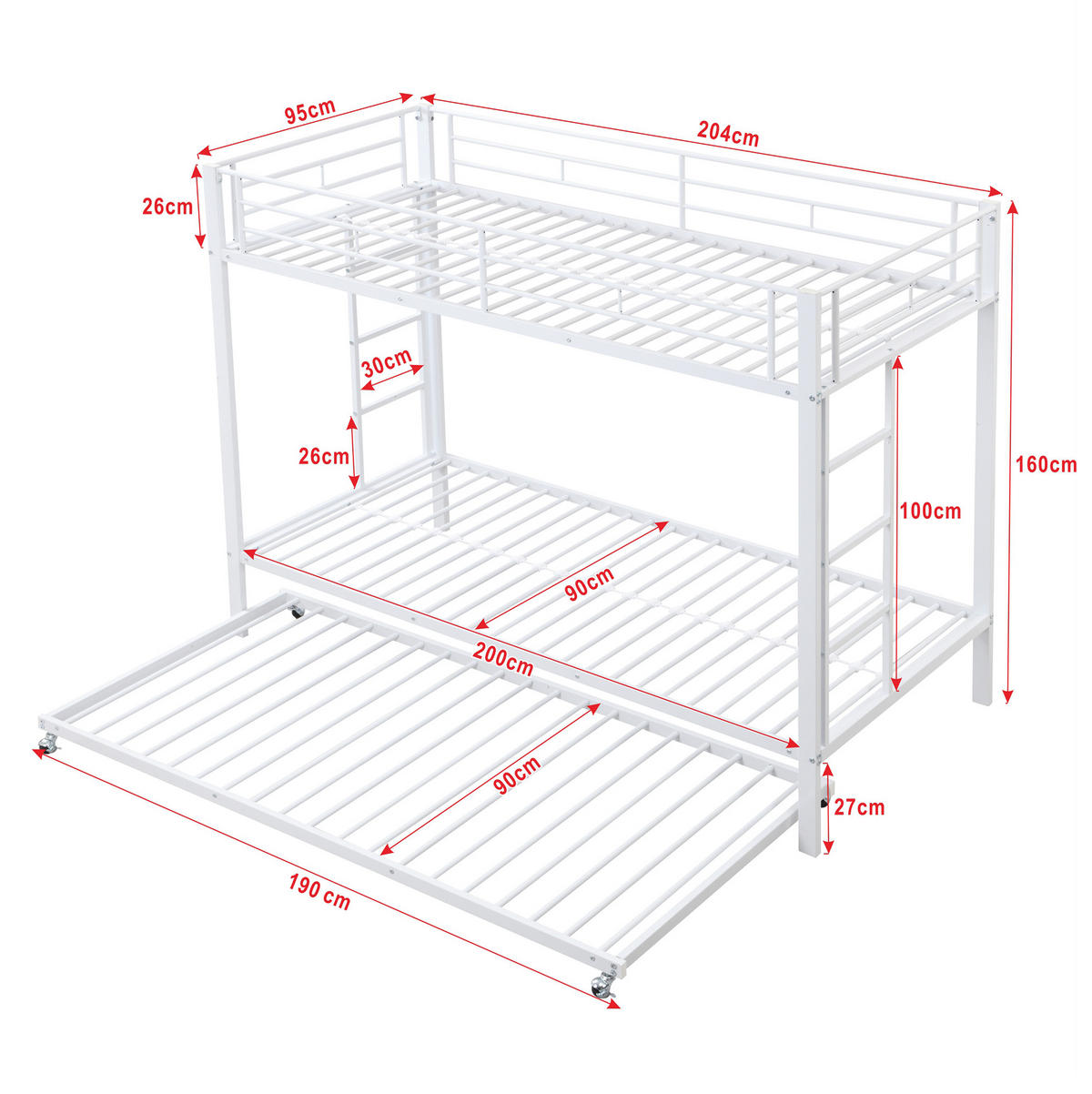 ETAGENBETT 90/200 cm aus Metall mit ausziehbarem Rollbett Weiß - Weiß, Metall (90/200cm) - Modenvie