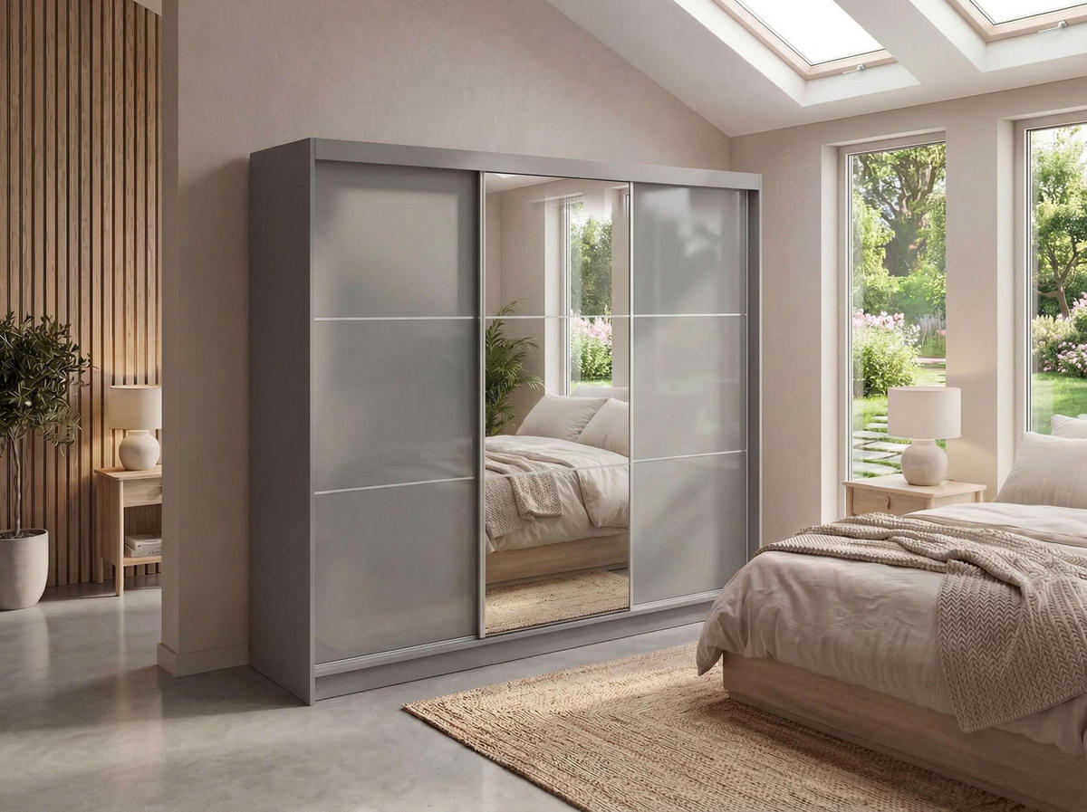 SCHWEBETÜRENSCHRANK mit Spiegel und Schubladen - WALENCJA - 240 - Grau lacobel - Alufarben/Grau, Holzwerkstoff/Metall (240/216/61cm) - MKS