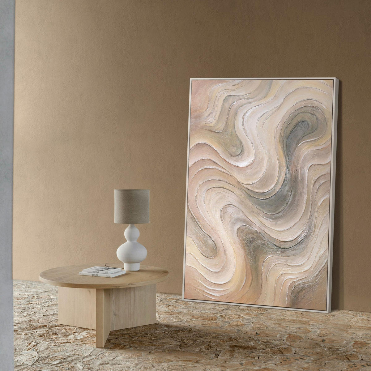 GEMÄLDE Sanfte Strömung Schattenfugenrahmen Beige 120x80 cm - Beige, Holz (120/80cm) - YS-art gallery