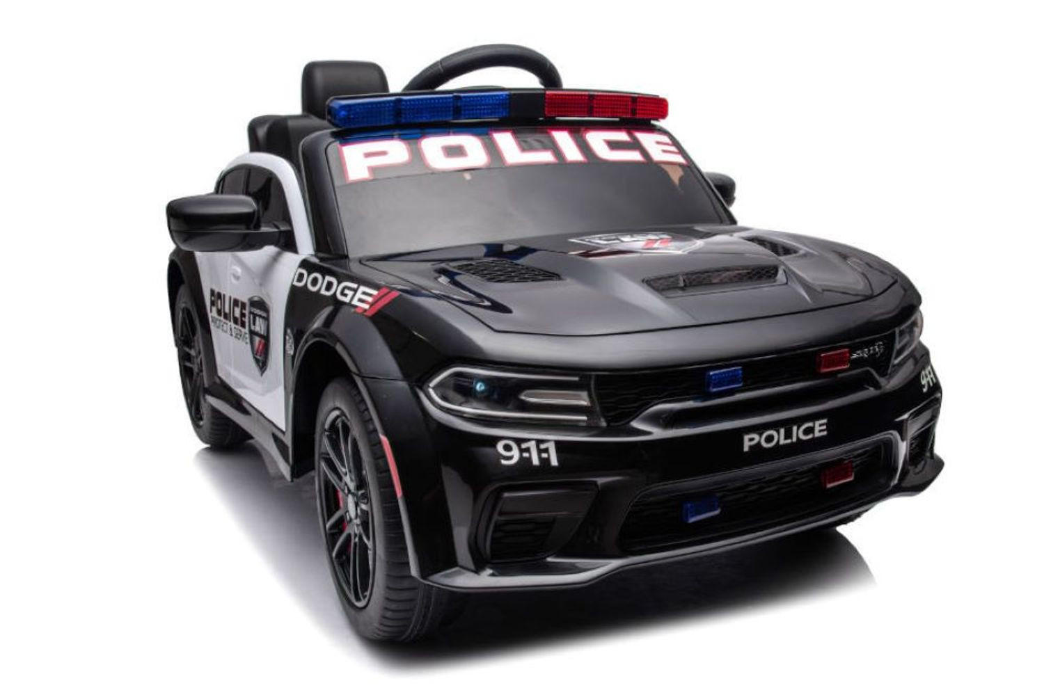 KINDER ELEKTROAUTO Dodge Polizei schwarz Polizeilichter, Sirene, Kunstledersitz, lizenziert, Stoßdämpfer - Schwarz, Kunststoff (112/68/50cm) - Es-Toys
