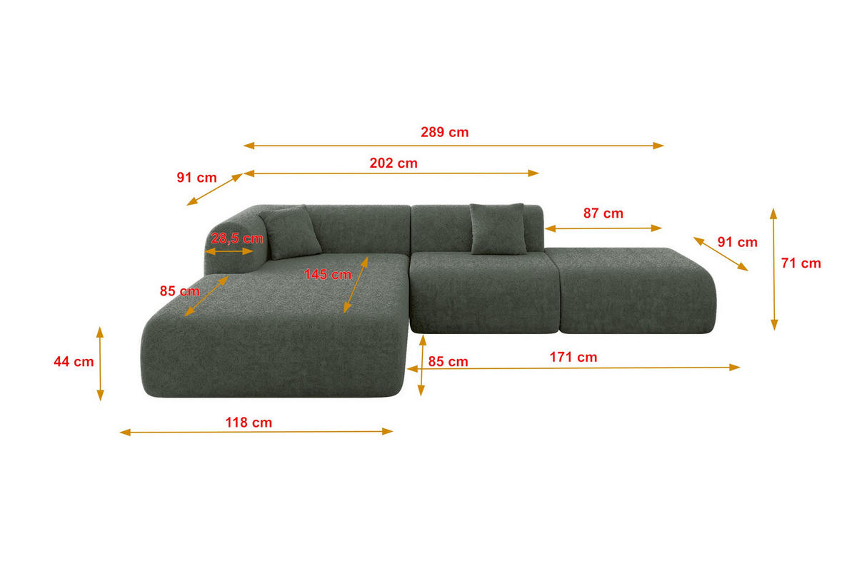 ECKSOFA Ottomane Links OVLY-L 289x176x71 Grün Chenille - Smaragdgrün/Schwarz, Holzwerkstoff/Kunststoff (176/289cm) - ALTDECOR