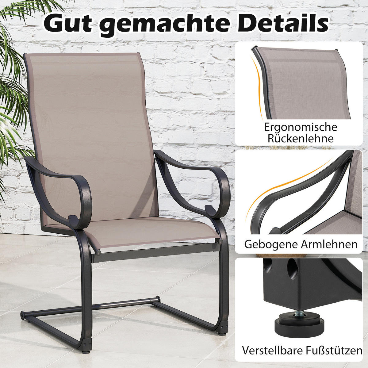 TERRASSENSTUHL Grau(2er-Set) - Grau, Metall (62/108/69cm) - COSTWAY