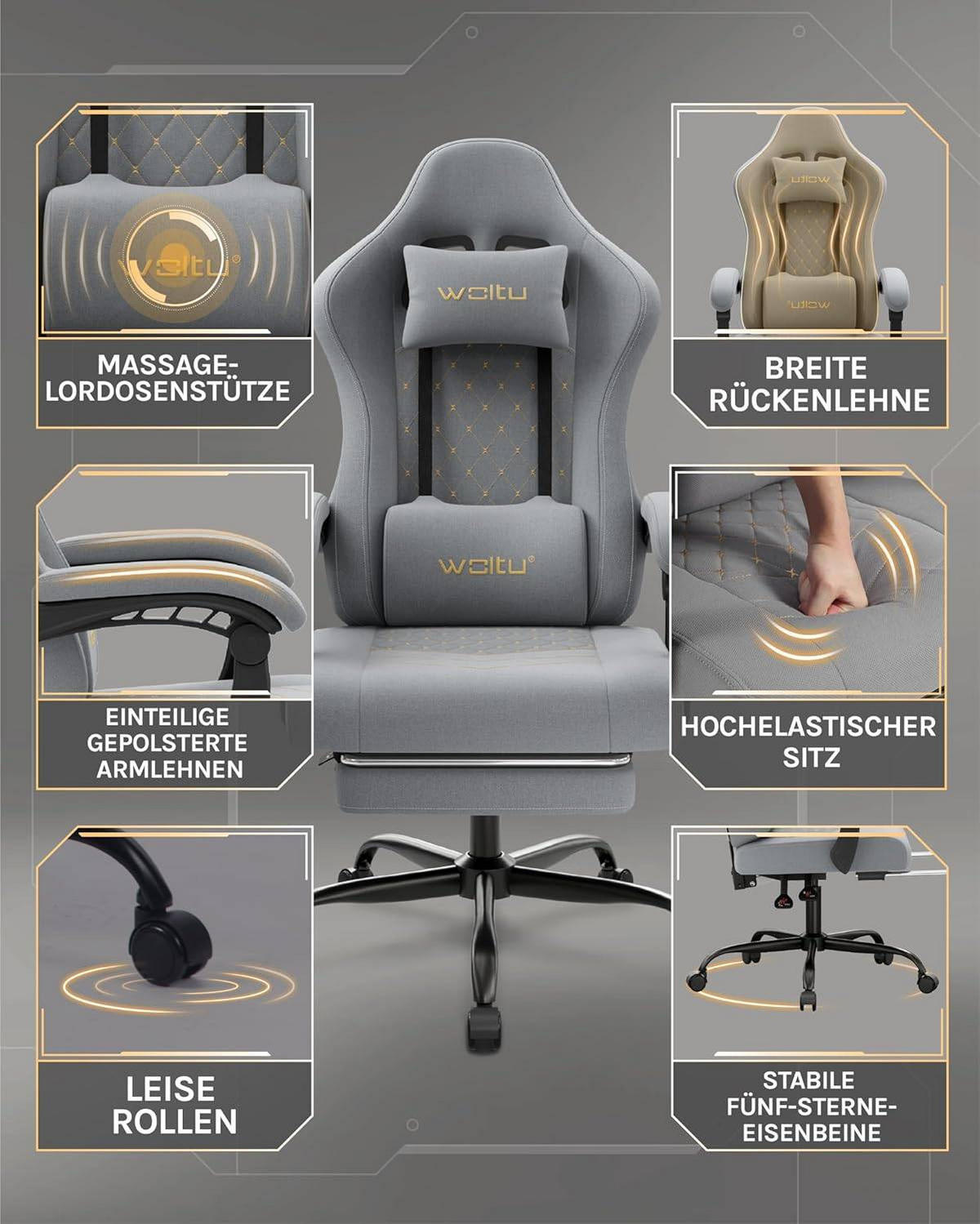 GAMINGSTUHL mit Massagefunktion, Computerstuhl Ergonomisch - Goldfarben/Schwarz, Kunststoff/Textil (70/127/70cm) - Woltu