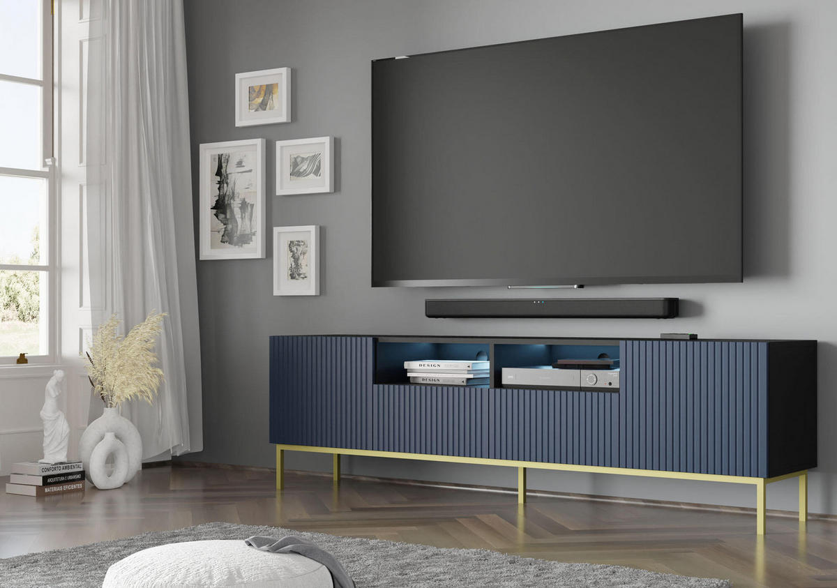TV-LOWBOARD SCHWARZ - Blau/Goldfarben, Holzwerkstoff (200/58/42cm) - FURNLUX