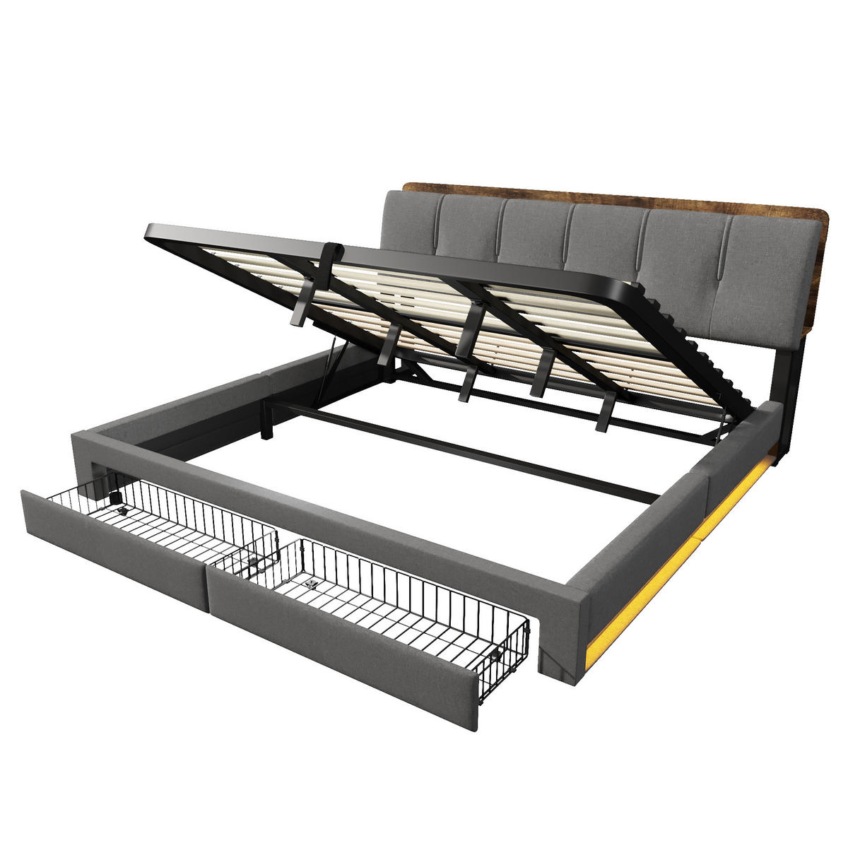 POLSTERBETT 180/200 cm Grau mit USB-Typ-C-Ladeanschluss, LED-Beleuchtung und 2 Schubladen - Grau, Textil (180/200cm) - Oxeza