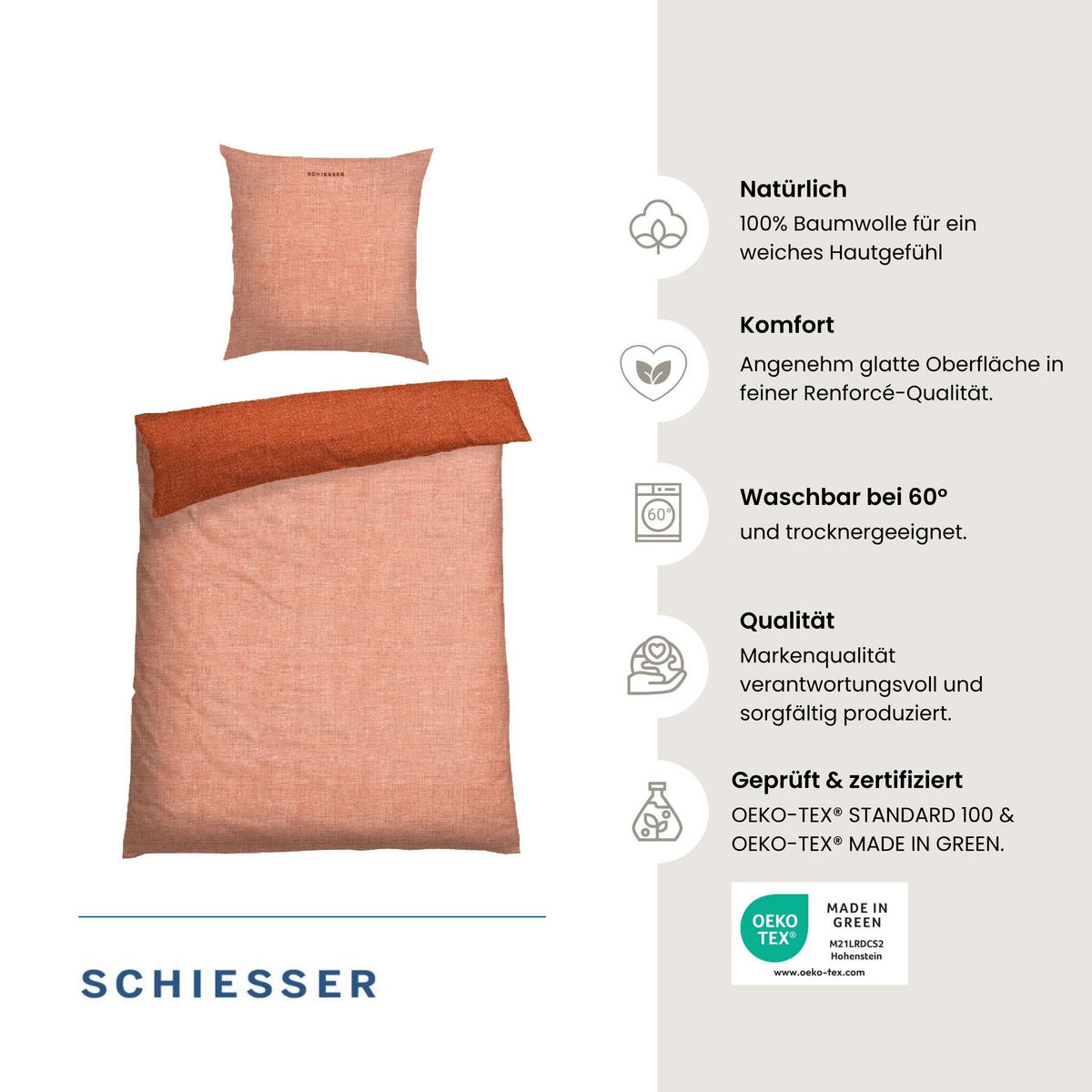 BETTWÄSCHESET Doubleface Renforcé 2-teilig 135x200 cm Terrakotta - Terracotta, Textil (135/200cm) - SCHIESSER