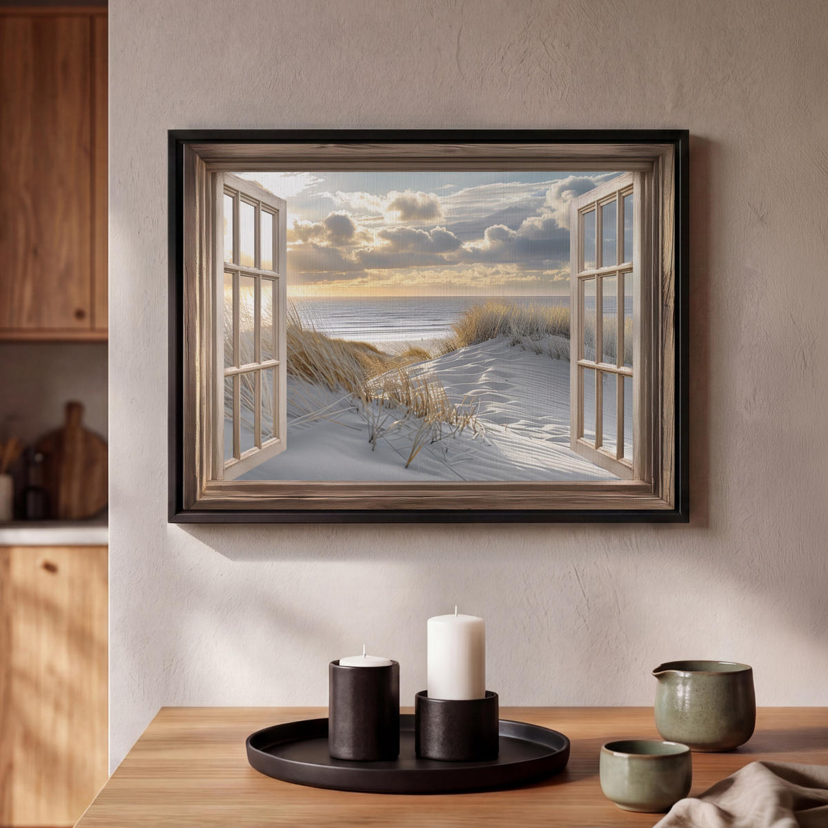 LEINWAND Bilder mit Rahmen - Ausblick - Strand - Dünen - Meer - Natur - 40x30 - Sandfarben, Textil (40/30cm) - MuchoWow