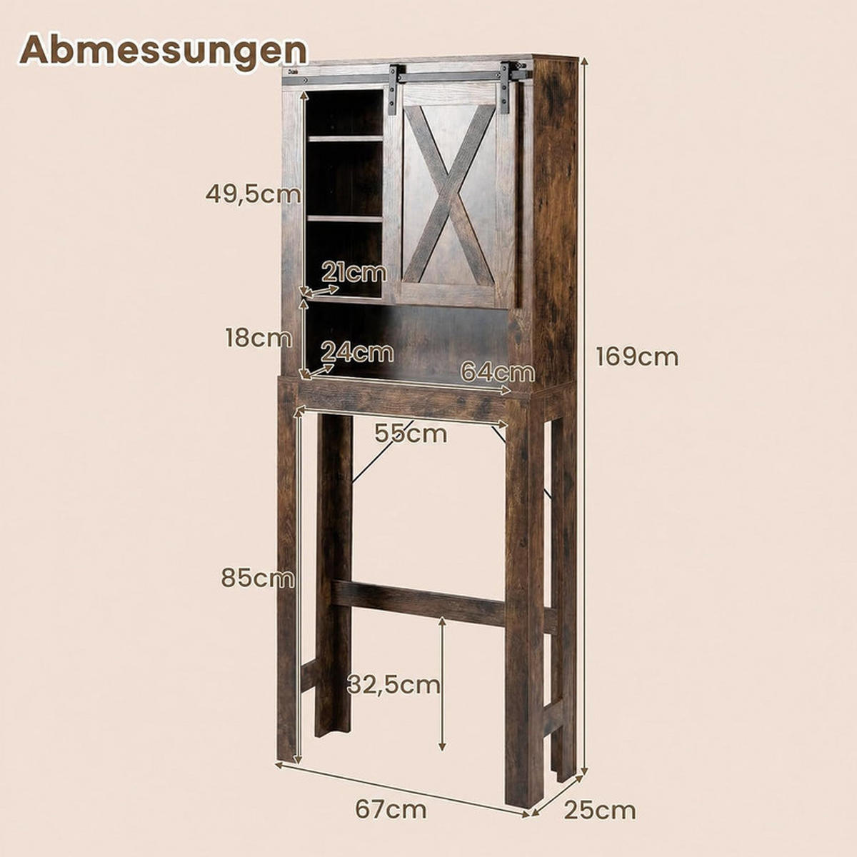 TOILETTENSCHRANK mit Schiebetür braun - Braun, Holzwerkstoff (67/169/25cm) - COSTWAY