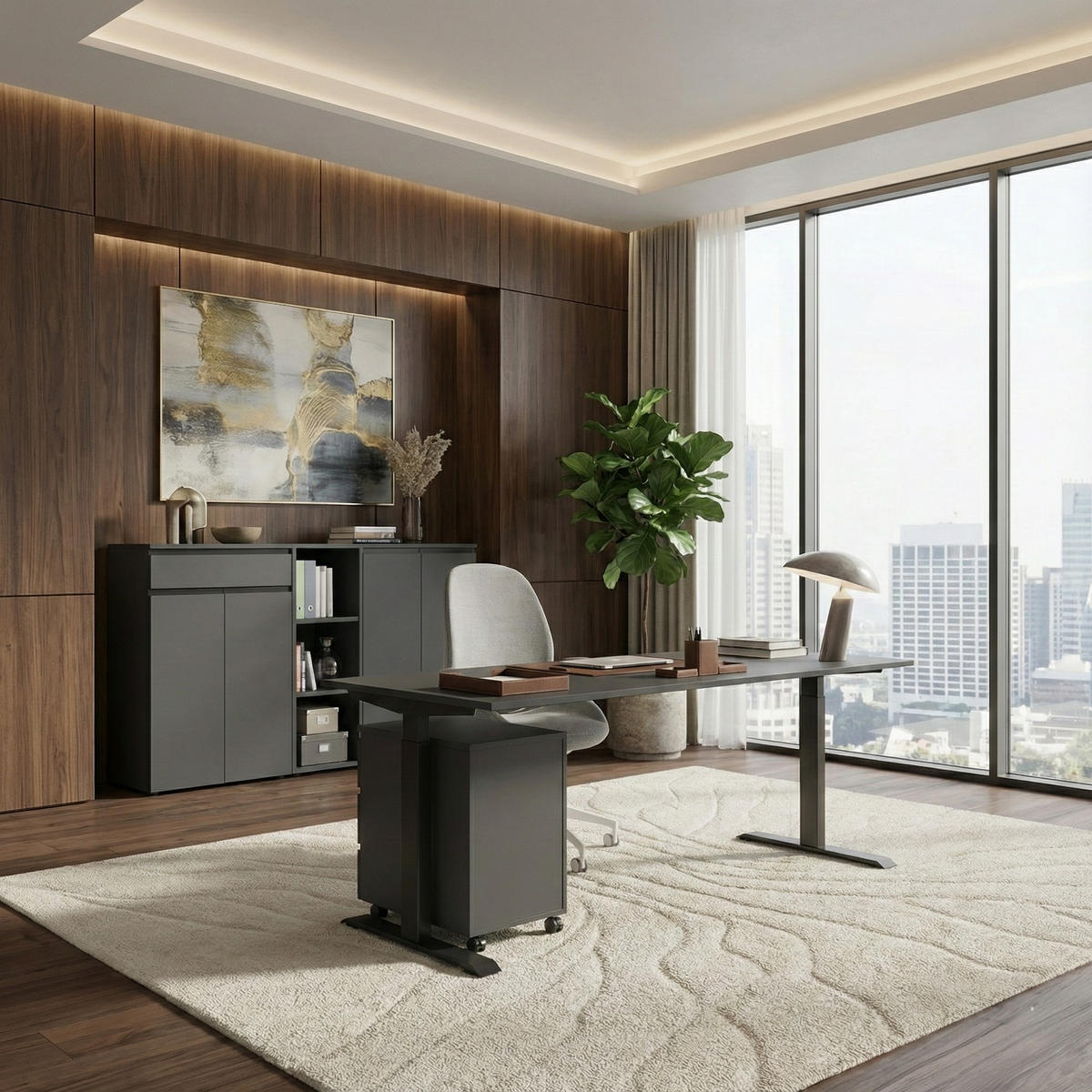 SCHREIBTISCH höheneinstellbar "Stuttgart" 68-91cm Graphit 160x80cm, C-Fuß - Schwarz, Holzwerkstoff/Metall (80/160/91cm) - KADIMA DESIGN